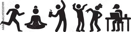 Diverse human activity silhouettes showing exercise meditation dancing work and leisure representing modern lifestyle vector