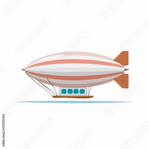 Airship Floating: Striped Blimp with Tailfins and Gondola, Cartoon Illustration for Design