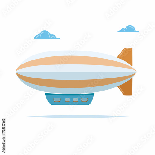 Stylized blimp airship floating in blue sky with clouds flat design illustration vector graphic