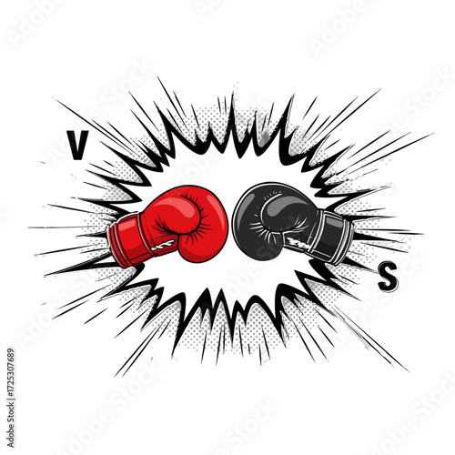 Red and black boxing gloves facing each other in a dynamic comic book style burst.