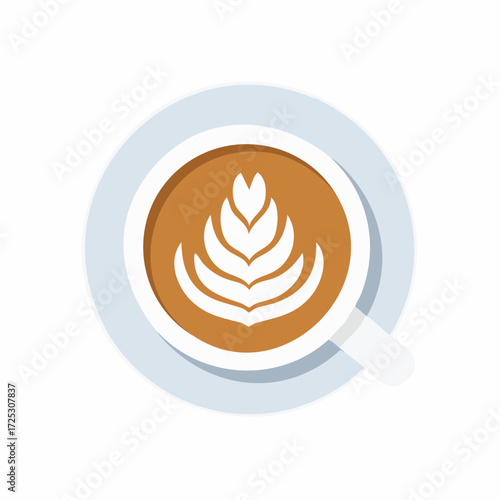 Top down view of a stylized coffee cup with elegant rosetta latte art illustration on a light blue saucer