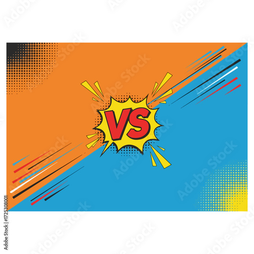 Comic book style versus battle illustration with orange and blue background.