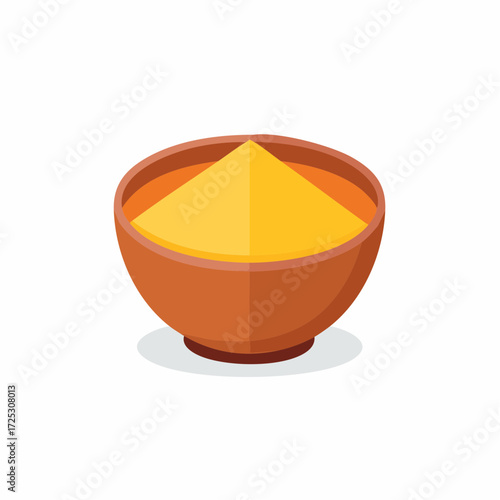 Isometric View of a Wooden Bowl Filled with Yellow Powder