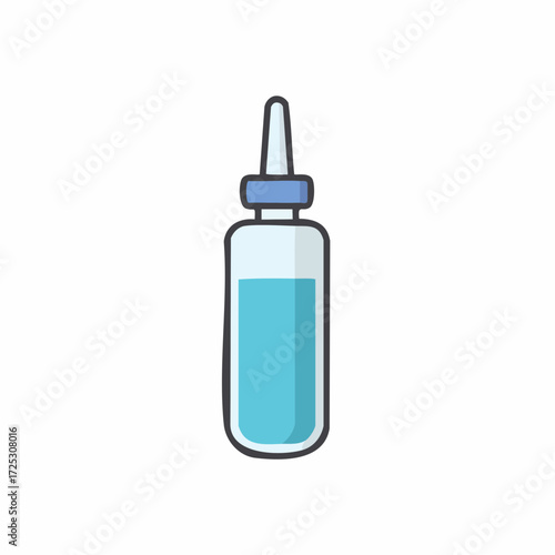 Clear dropper bottle with blue liquid and blue cap isolated on white