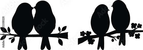 Charming silhouette of two love birds perched together on a branch symbolizing romance and companionship vector