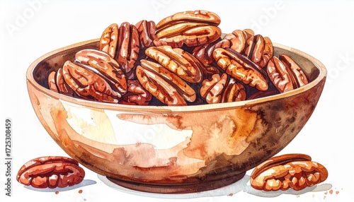 Pecans in Wooden Bowl Watercolor Style Illustration with Brown Tones