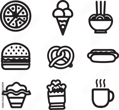 Collection of nine delicious food icons including pizza ice cream ramen burger pretzel hotdog cupcake popcorn and coffee cup isolated on white vector