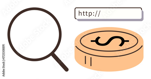 Magnifying glass, coin with dollar sign, and browser bar. Ideal for search, finance, investment, monetization, research e-commerce economic growth. Simple flat metaphor
