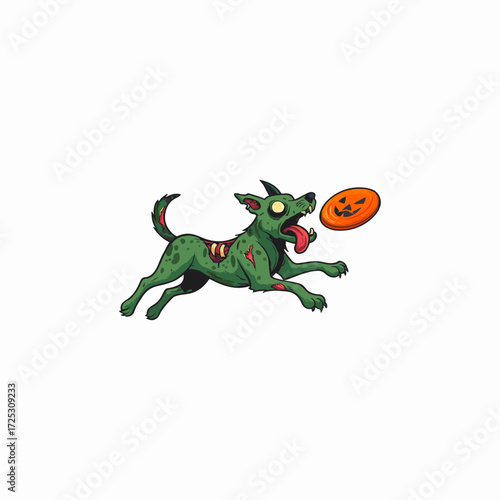 A zombie dog chases a Halloween frisbee.