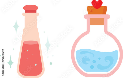 Cute cartoon potion bottles with swirling liquid and sparkles perfect for magic potion alchemy or fantasy potion design vector
