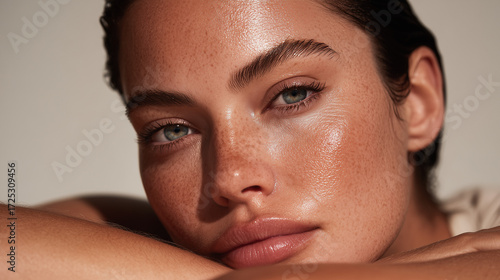 beauty editorial photography, woman with slicked-back hair resting her head on her arms, glowing natural skin, minimal makeup, small imperfections, neutral background © Enrique
