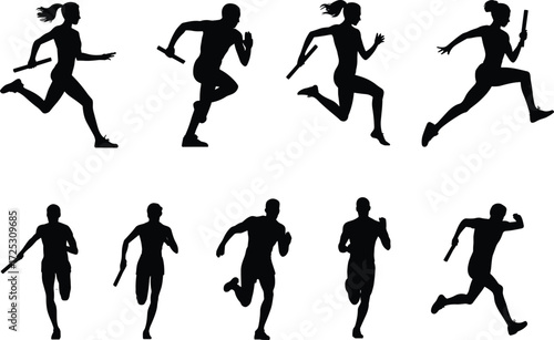 Collection of athletic runners in relay race poses, black silhouettes of men and women running with a baton, a vector illustration set