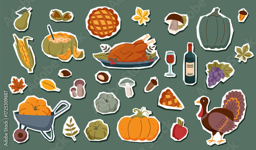 Set of Thanksgiving elements isolated. Thanksgiving and harvest concept. Vector flat cliparts.