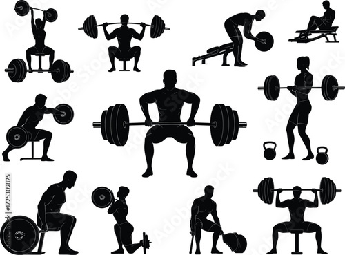 Collection of men and women weightlifting and bodybuilding in various power poses, a flat vector illustration set for gym and fitness designs