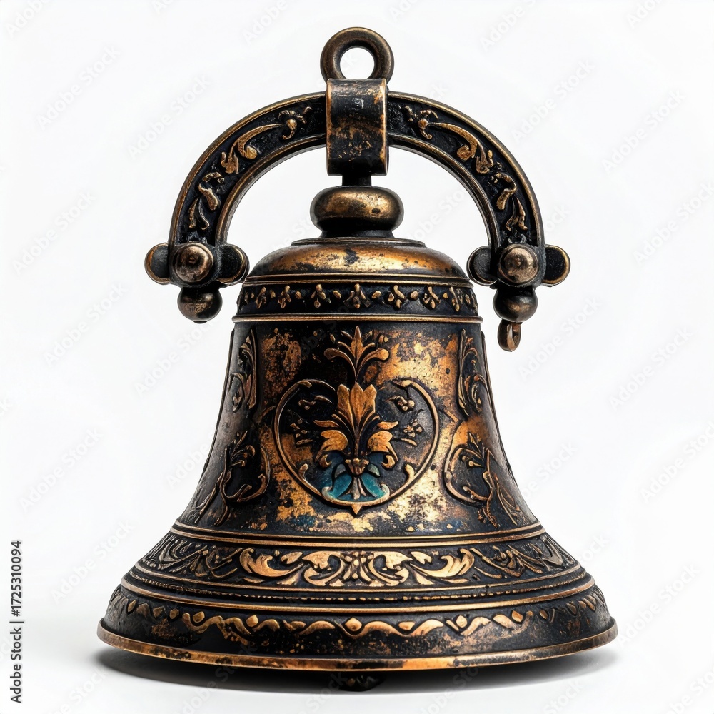 Fototapeta premium Ornate Bell with Bronze Patina Isolated on White Background Studio Shot