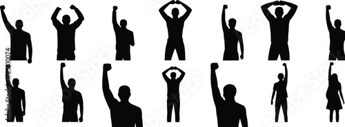 Crowd of people silhouettes with raised hands and fists, expressing protest, victory, excitement, and unity, graphic vector illustration for activism