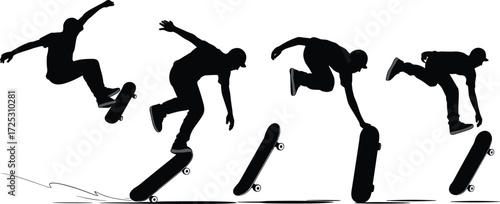 Skateboarder silhouette sequence capturing extreme action sports energy, street culture tricks, dynamic jump, graphic vector illustration, and urban lifestyle excitement