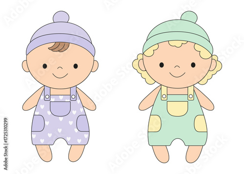 Baby boys. Set of babies. Cute cartoon babies. Newborns in hats and overalls. Smiling baby dolls