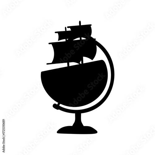 Silhouette image of a classic sailing ship atop a vintage globe stand