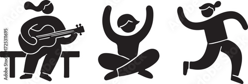 Three stylized figures in motion represent music yoga and running for active lifestyle and wellness themes vector