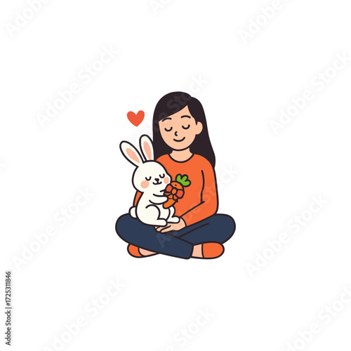 Woman lovingly holding a rabbit with a carrot, heartwarming illustration.