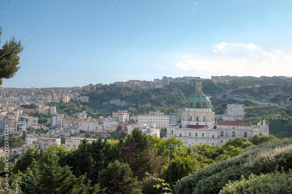Naklejka premium View of Naples from the panoramic viewpoint on the hilltop. The belvedere behind the royal palace inside the Real Park of Capodimonte. Naples, Italy.