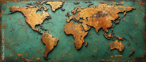World Map, Antique Gold and Teal Texture