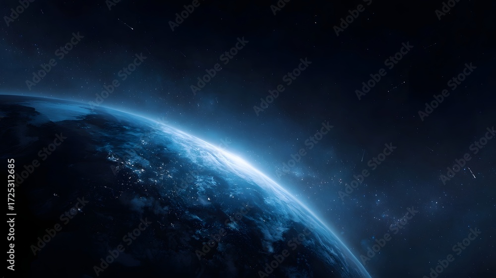 Fototapeta premium View of Earth from space at the terminator line showing city lights on the dark side against a starry backdrop