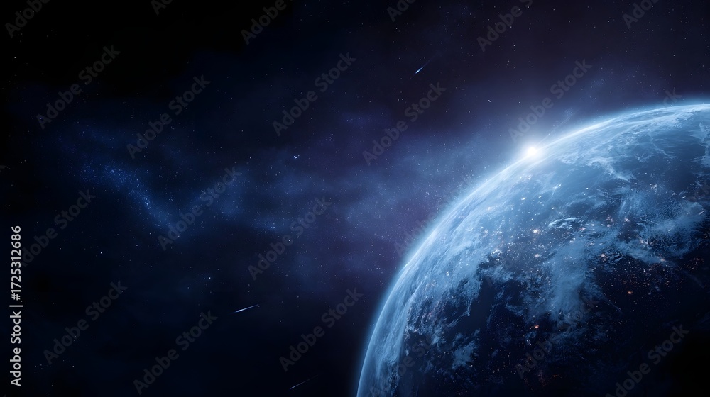 Obraz premium A luminous Earth globe emerges from darkness illuminated by a bright sunrise and glowing city lights set against a backdrop of stars and nebulae