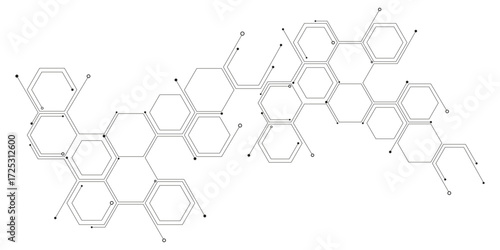 Abstract white hexagon concept background. Hexagonal Molecular structure abstract tech network pattern. Abstract geometric hexagon with connecting dots and lines. Minimalist abstract background.