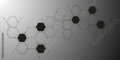 Abstract white hexagon concept background. Hexagonal Molecular structure abstract tech network pattern. Abstract geometric hexagon with connecting dots and lines. Minimalist abstract background.