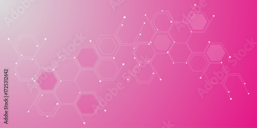 Genetic engineering and molecular structure, hexagon DNA network, science chemical and biotechnology concept. Abstract technology connects concept white geometric hexagons pattern with medical.