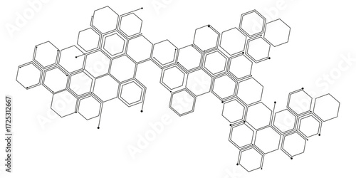 Abstract white hexagon concept background. Hexagonal Molecular structure abstract tech network pattern. Abstract geometric hexagon with connecting dots and lines. Minimalist abstract background.