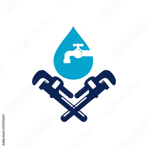 Graphic logo featuring a blue water droplet with a white tap silhouette above two crossed dark blue pipe wrenches, symbolizing plumbing services.