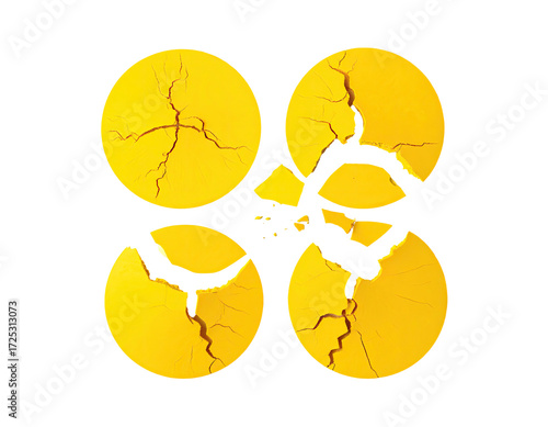 Four cracked, circular, yellow shapes arranged in a plus or cross pattern on a black background