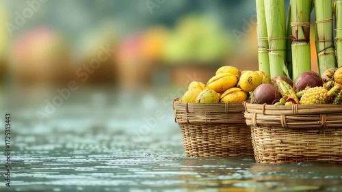 Chhath Puja Bamboo Baskets with Fruits on Water