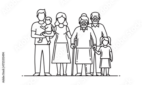 Generations of family standing together in simple line art