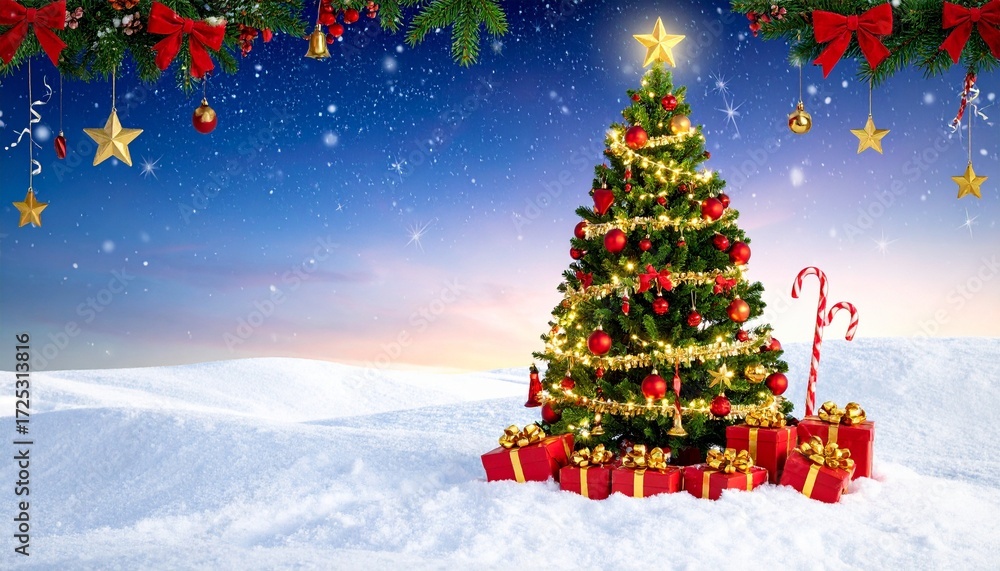 Fototapeta premium Christmas tree in snowy night landscape with glowing lights, ornaments, gifts, and festive border.