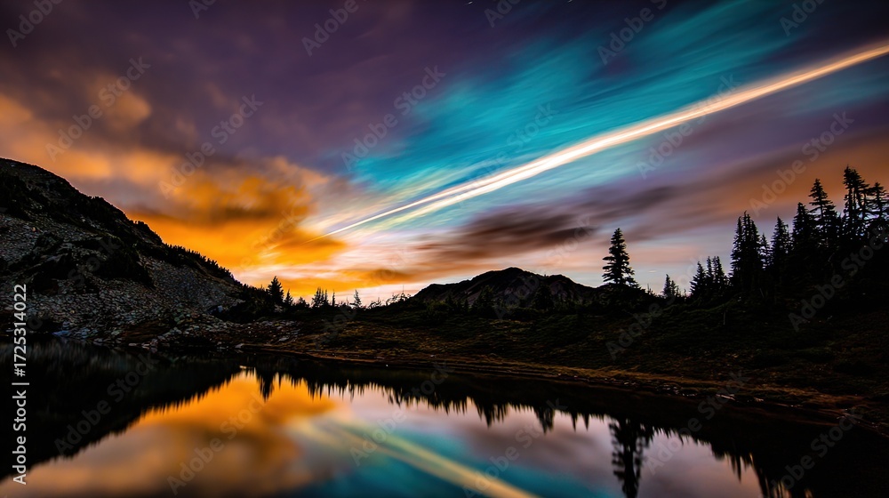 Obraz premium meteor. Vibrant meteor trails painting the night sky, mirrored perfectly in a tranquil alpine lake. travel magazines, destination branding, designed for outdoor magazines and nature guides.
