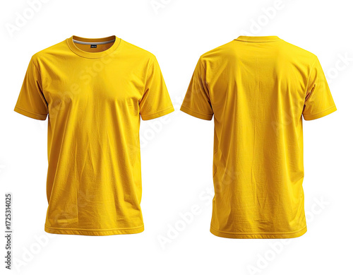 Front and back view of a mustard yellow t-shirt
