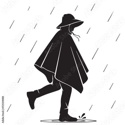 Black and White Illustration of Person in Rain Gear Splashing in Puddle