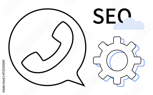 Call icon inside speech bubble, gear, cloud, and SEO text symbolize digital communication, search engine optimization, and collaboration. Ideal for marketing, communication, SEO strategy technology