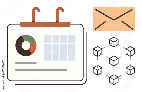 Calendar with pie chart and grid layout, network of interconnected cubes, and envelope. Ideal for planning, analytics, blockchain, digital communication, organization teamwork data sharing. Simple