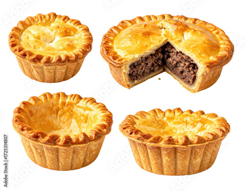 Four mini meat pies, golden-brown pastry, open to reveal meat filling