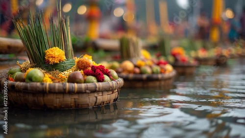 Traditional Chhath Puja Bamboo Baskets with Offerings