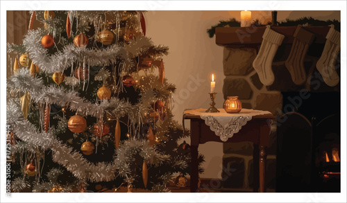 Vector art of christmas tree and fireplace in cozy room