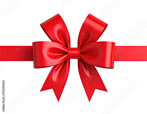 Red ribbon bow on black background.  Glossy, 3D rendering of a vibrant red bow atop a horizontal red ribbon