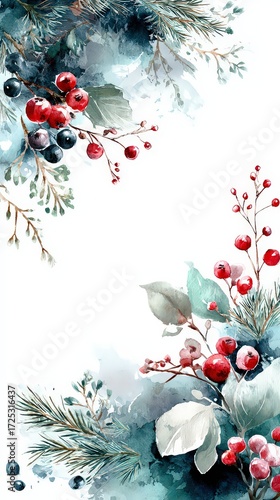 Winter Watercolor Floral Border With Berries And Fir