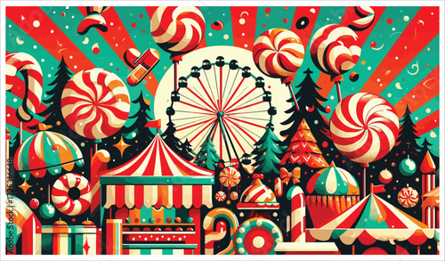 Vector art of colorful carnival scene with sweets and rides