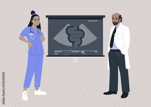 Two doctors engage in a consultation, analyzing an x-ray on a screen, The setting is a clinical office, emphasizing teamwork in patient care and medical diagnostics.